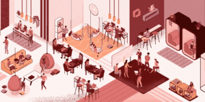 Drawn art of an office in various shades of pink, red, and neutrals.